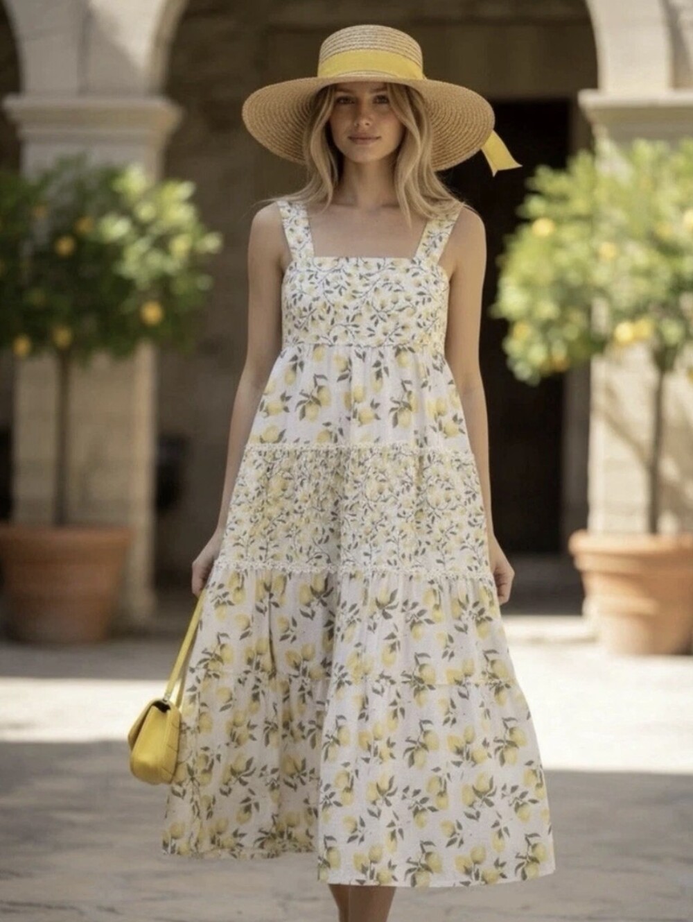 Haute Hippie Lemon Print Tiered Midi Dress Crochet Trim Sz.6 Cotton Cottagecore - Picture 3 of 15
